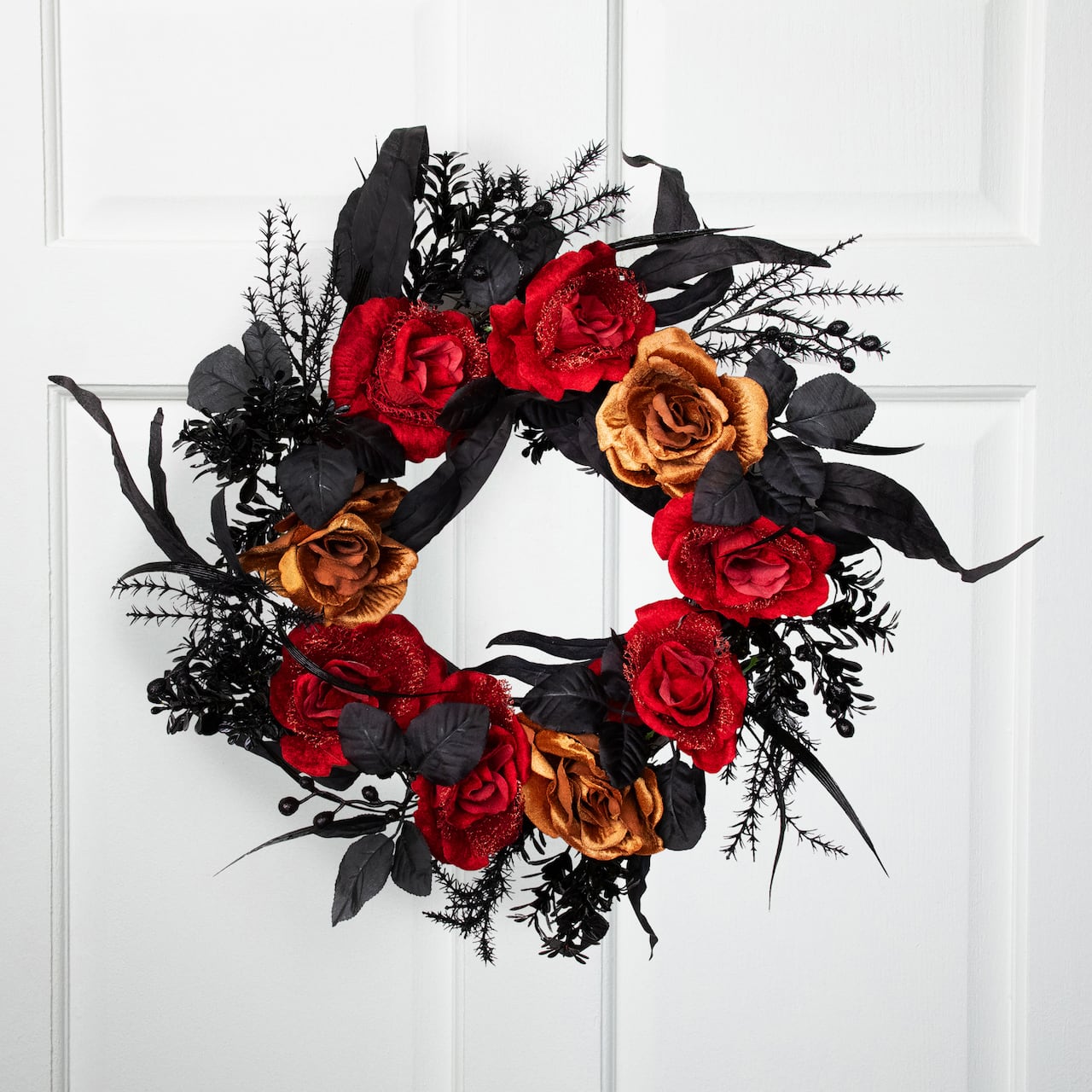 22" Red & Gold Roses with Black Foliage Halloween Wreath